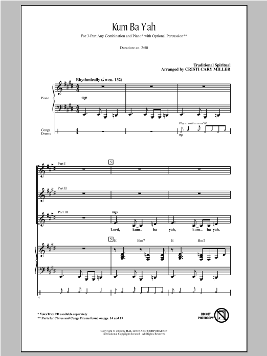 Download Traditional Kum Ba Yah (arr. Cristi Cary Miller) Sheet Music and learn how to play 3-Part Mixed PDF digital score in minutes