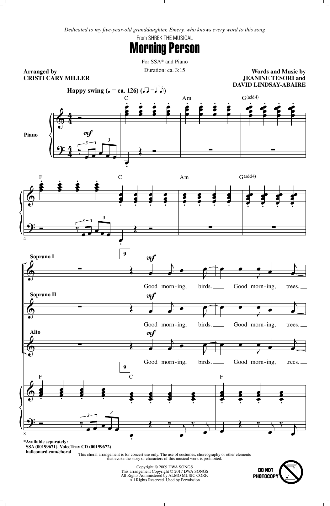 Download Cristi Cary Miller Morning Person Sheet Music and learn how to play SSA PDF digital score in minutes