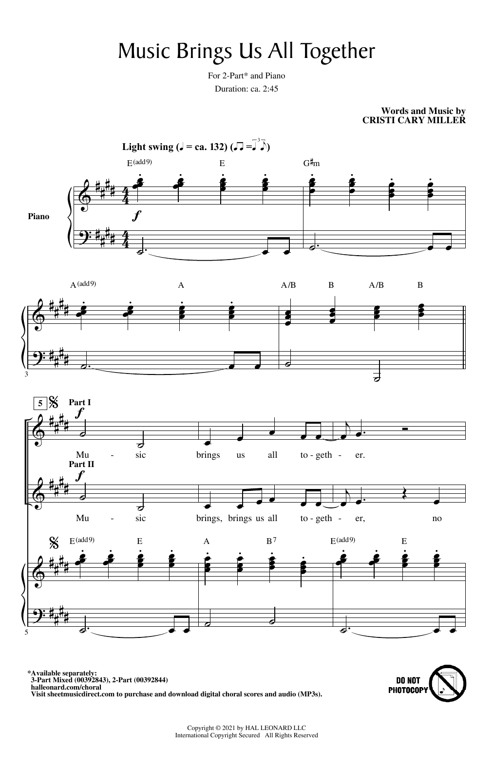 Download Cristi Cary Miller Music Brings Us All Together Sheet Music and learn how to play 3-Part Mixed Choir PDF digital score in minutes