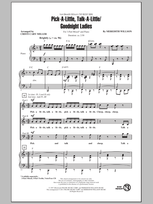 Download Cristi Cary Miller Pick-A-Little, Talk-A-Little / Goodnight Ladies Sheet Music and learn how to play 3-Part Mixed PDF digital score in minutes