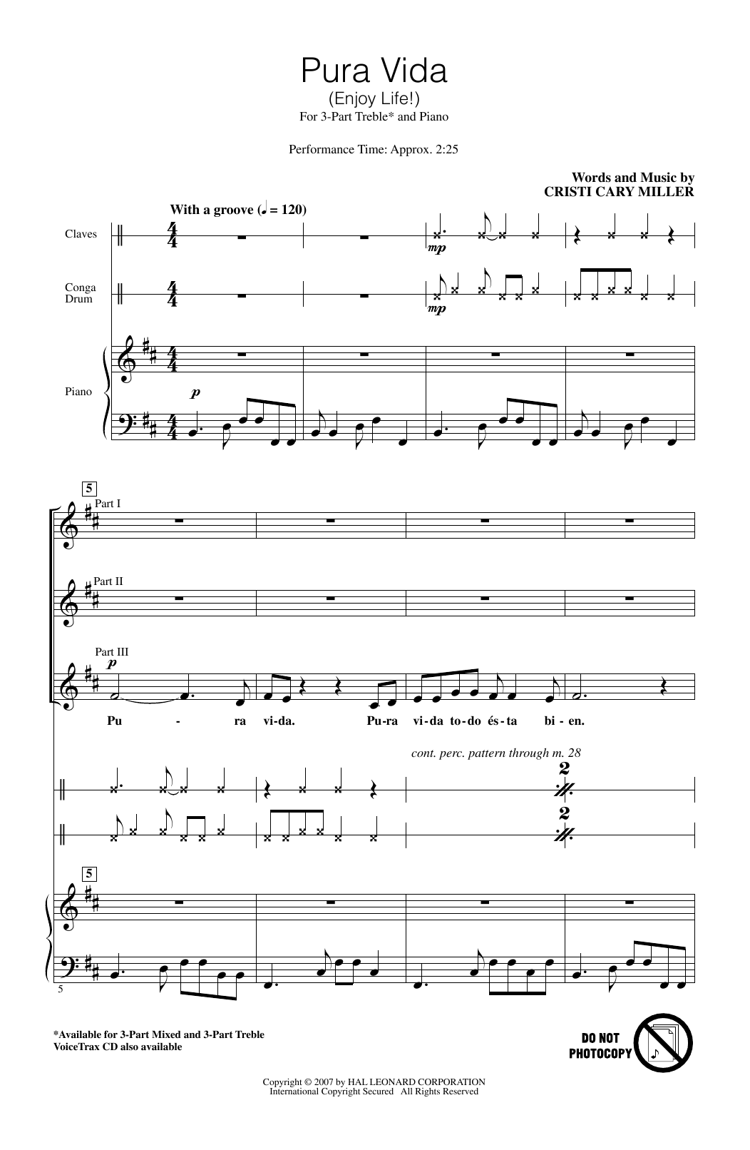 Download Cristi Cary Miller Pura Vida (Enjoy Life) Sheet Music and learn how to play 3-Part Mixed Choir PDF digital score in minutes