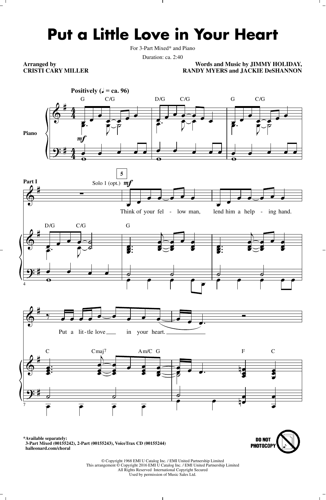 Download Cristi Cary Miller Put A Little Love In Your Heart Sheet Music and learn how to play 3-Part Mixed PDF digital score in minutes