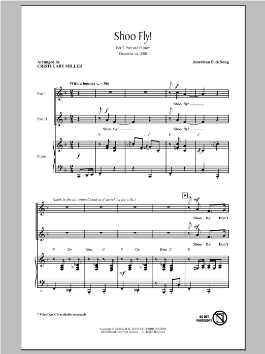 Download Traditional Shoo Fly, Don't Bother Me (Cristi Cary Miller) Sheet Music and learn how to play 2-Part Choir PDF digital score in minutes
