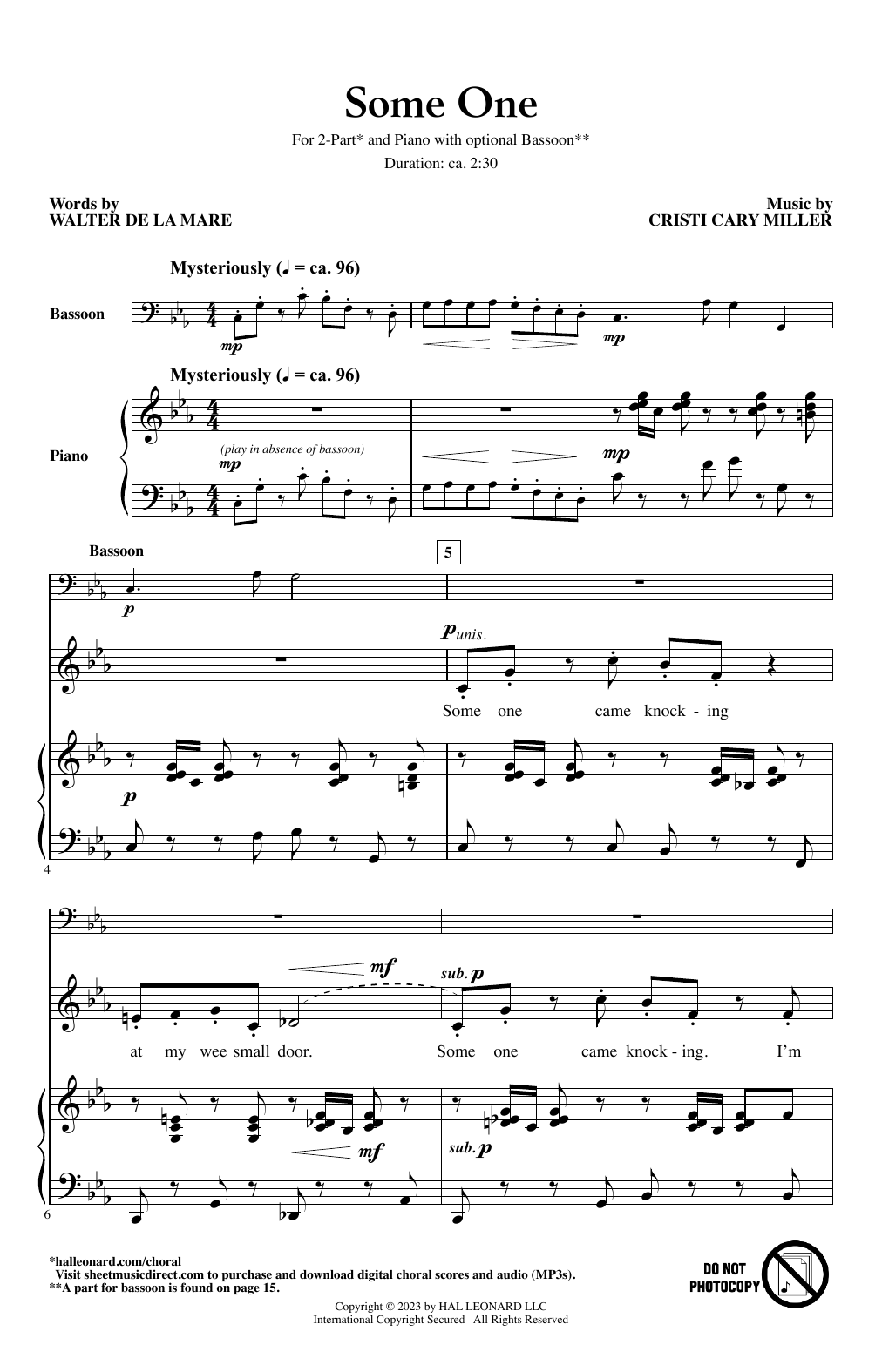Download Cristi Cary Miller Some One Sheet Music and learn how to play 2-Part Choir PDF digital score in minutes