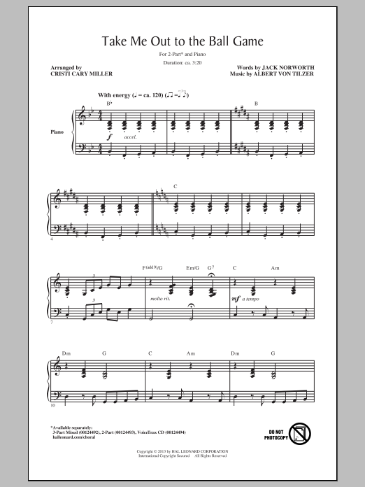 Download Albert von Tilzer Take Me Out To The Ball Game (arr. Cristi Cary Miller) Sheet Music and learn how to play 2-Part Choir PDF digital score in minutes