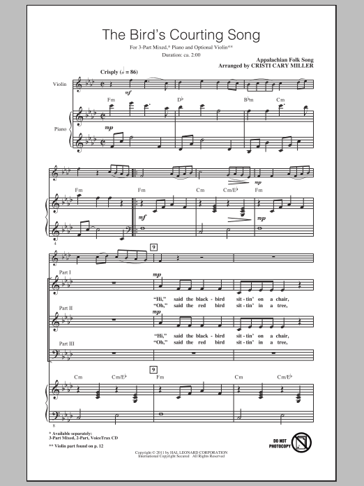 Download Traditional The Bird's Courting Song (arr. Cristi Cary Miller) Sheet Music and learn how to play 3-Part Mixed PDF digital score in minutes