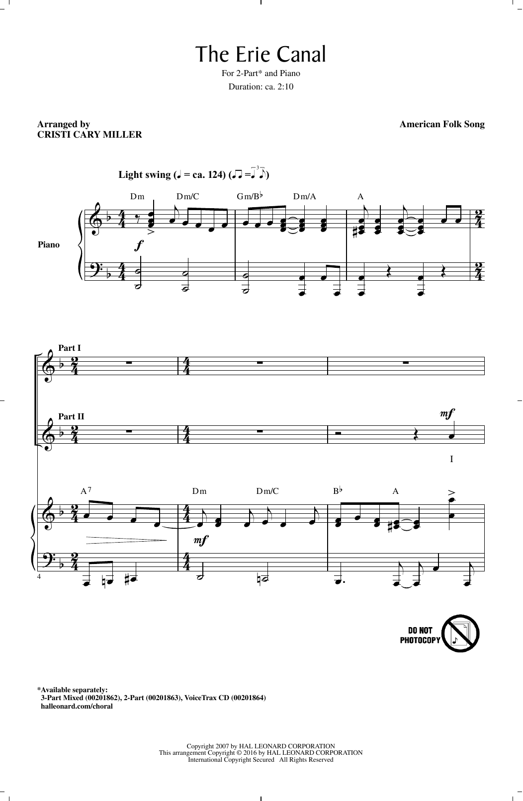Download Cristi Cary Miller The Erie Canal Sheet Music and learn how to play 2-Part Choir PDF digital score in minutes