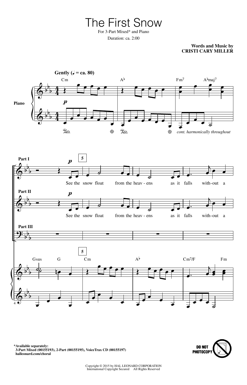 Download Cristi Cary Miller The First Snow Sheet Music and learn how to play 3-Part Mixed PDF digital score in minutes