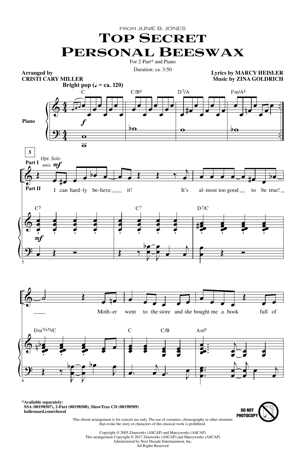 Download Cristi Cary Miller Top Secret Personal Beeswax Sheet Music and learn how to play 2-Part Choir PDF digital score in minutes