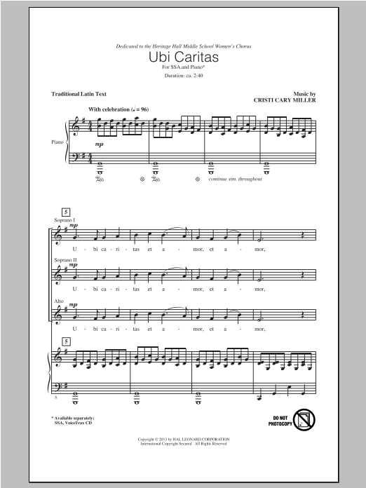 Download Cristi Cary Miller Ubi Caritas Sheet Music and learn how to play SSA PDF digital score in minutes
