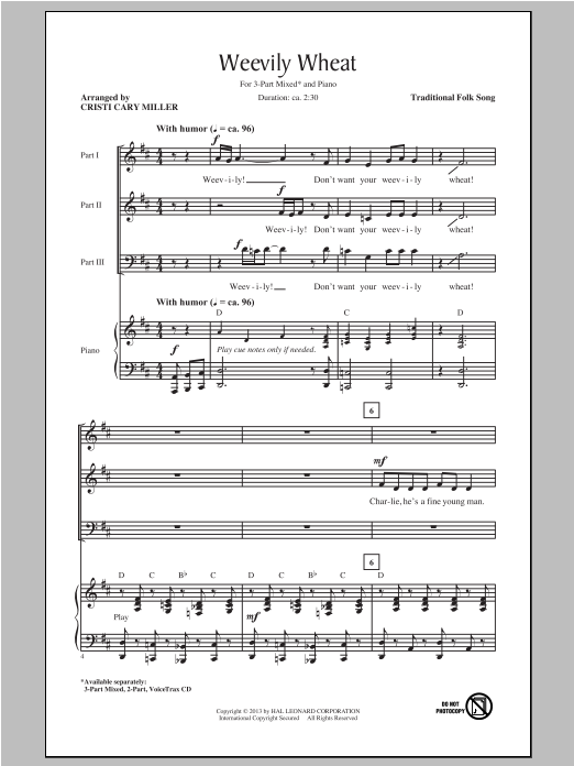 Download Traditional Weevily Wheat (arr. Cristi Cary Miller) Sheet Music and learn how to play 3-Part Mixed PDF digital score in minutes
