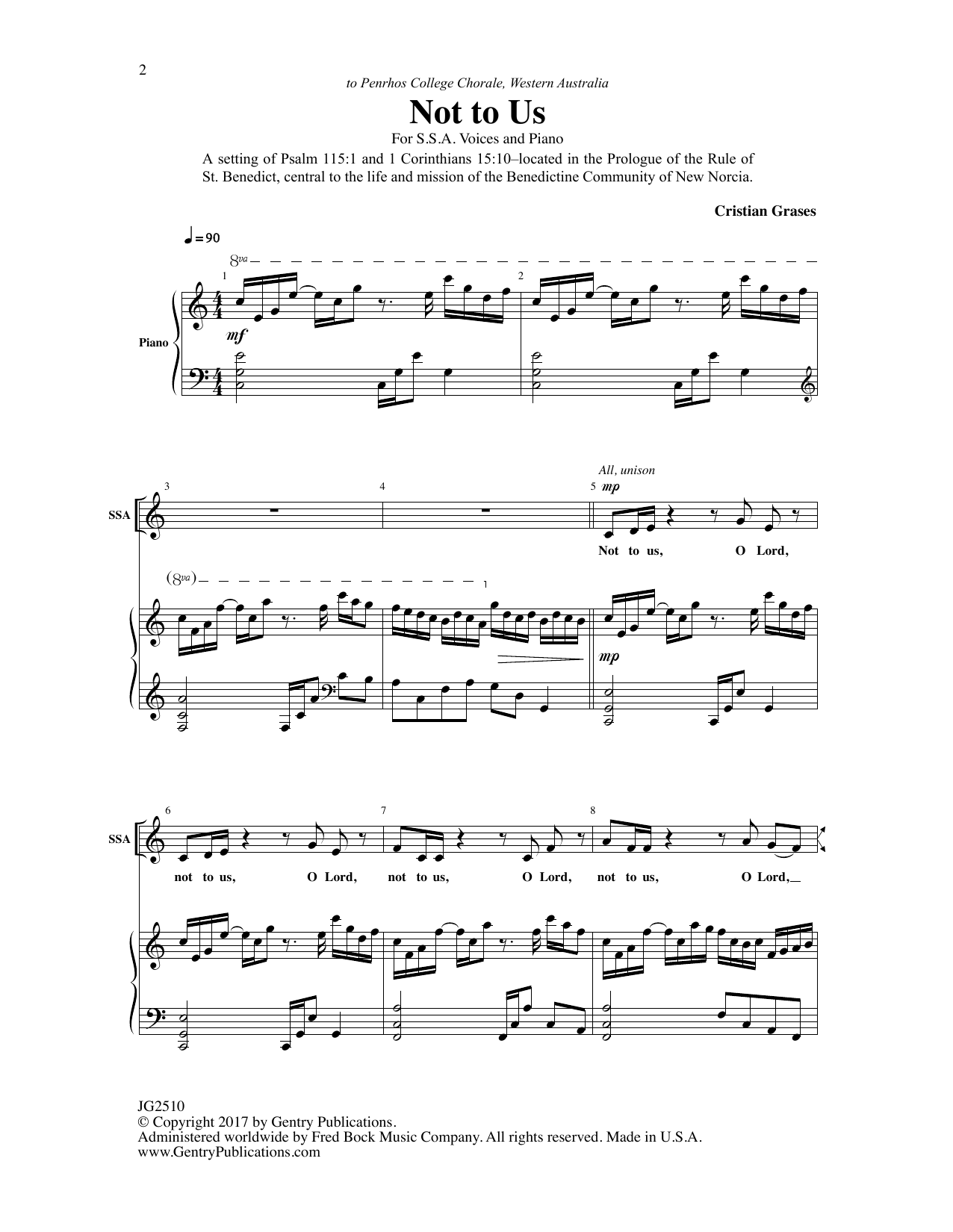 Download Cristian Grases Not to Us Sheet Music and learn how to play SSA Choir PDF digital score in minutes