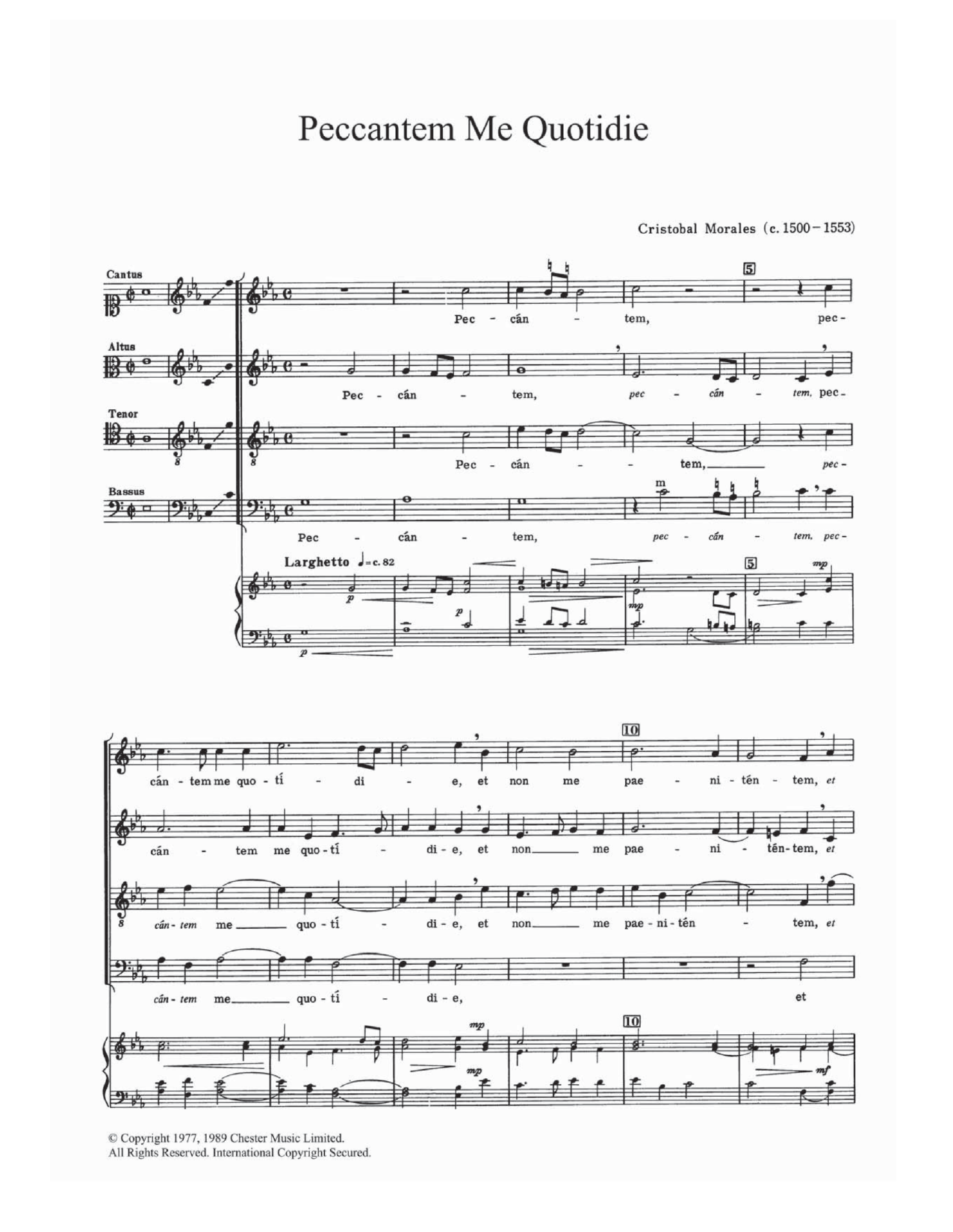 Download Cristobal de Morales Peccantem Me Quotidie Sheet Music and learn how to play SATB PDF digital score in minutes