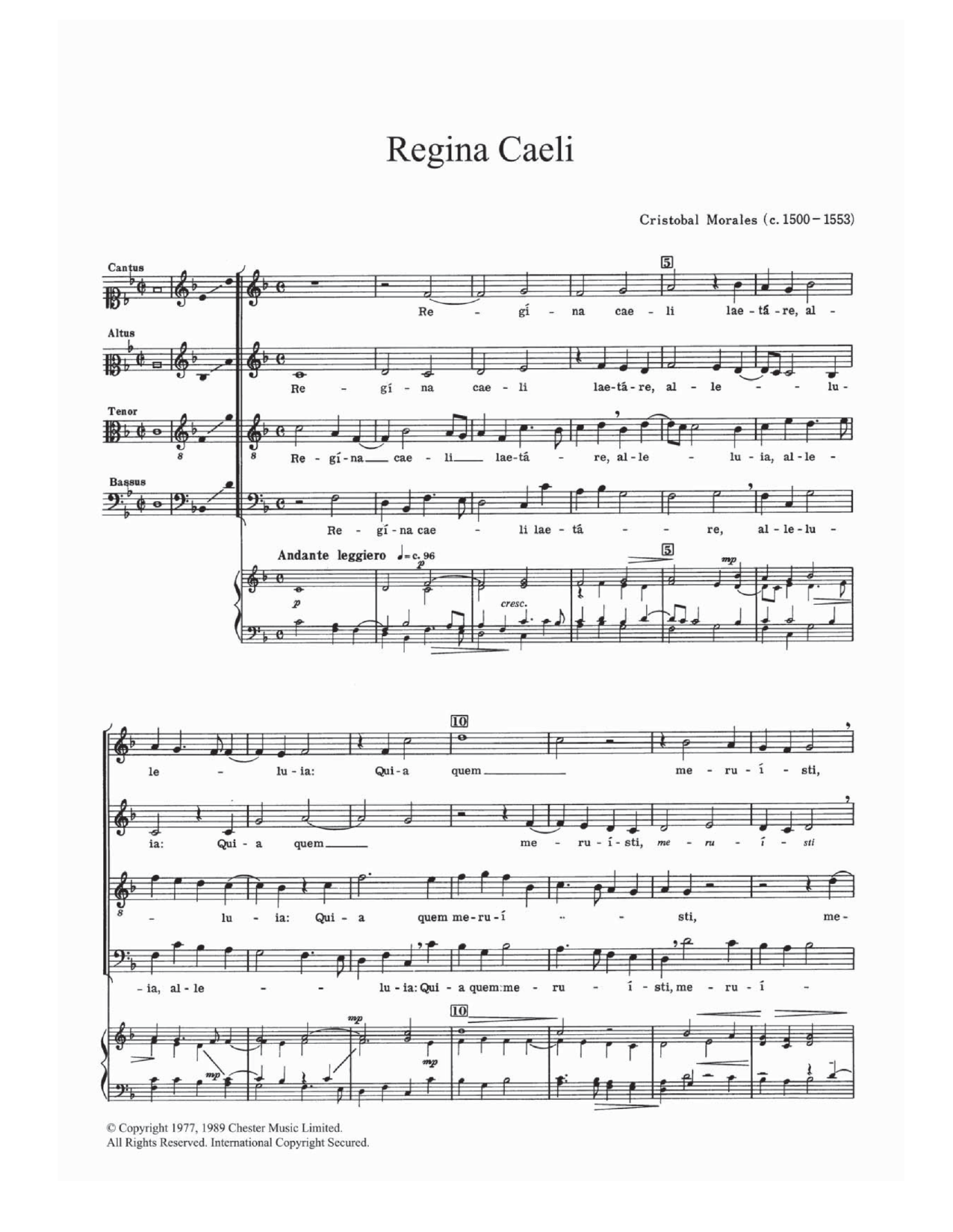 Download Cristobal de Morales Regina Caeli Sheet Music and learn how to play SATB PDF digital score in minutes