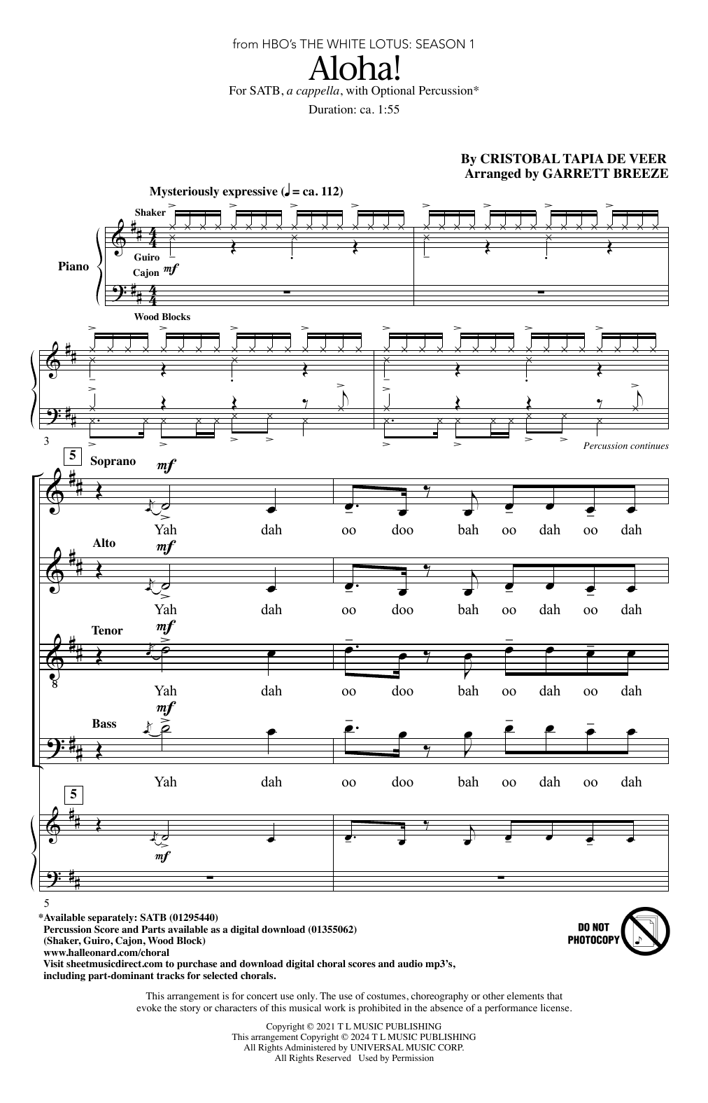 Download Cristobal Tapia de Veer Aloha! (arr. Garrett Breeze) Sheet Music and learn how to play SATB Choir PDF digital score in minutes