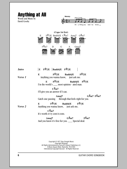 Download Crosby, Stills & Nash Anything At All Sheet Music and learn how to play Lyrics & Chords PDF digital score in minutes