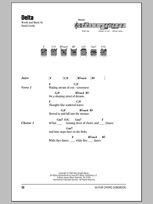 Download Crosby, Stills & Nash Delta Sheet Music and learn how to play Lyrics & Chords PDF digital score in minutes