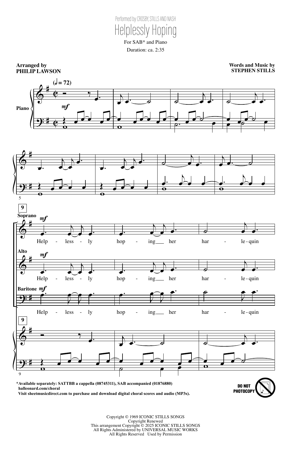 Download Crosby, Stills & Nash Helplessly Hoping (arr. Philip Lawson) Sheet Music and learn how to play SAB Choir PDF digital score in minutes