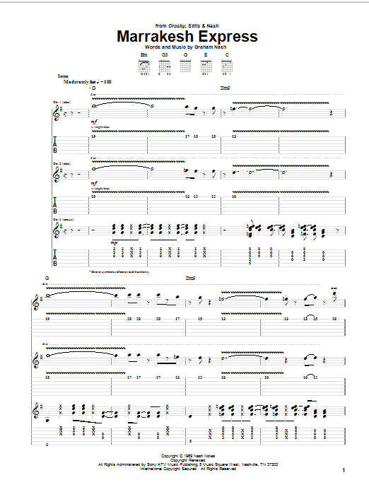 Download Crosby, Stills & Nash Marrakesh Express Sheet Music and learn how to play Guitar Tab PDF digital score in minutes