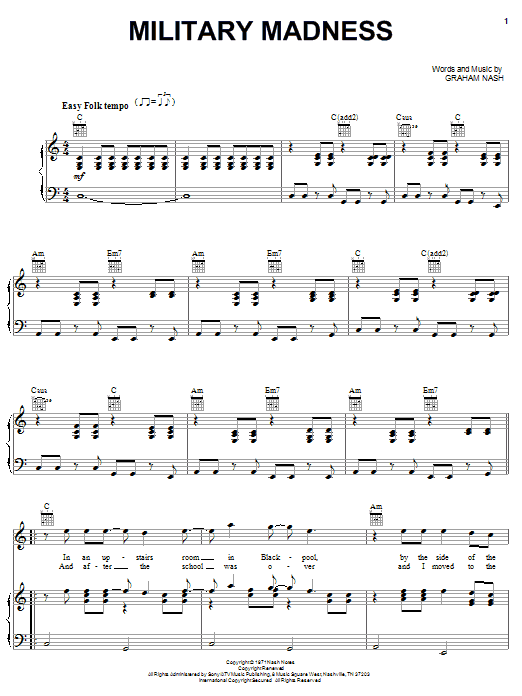 Download Crosby, Stills & Nash Military Madness Sheet Music and learn how to play Piano, Vocal & Guitar (Right-Hand Melody) PDF digital score in minutes