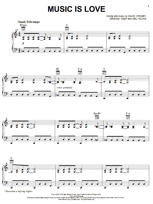 Download Crosby, Stills & Nash Music Is Love Sheet Music and learn how to play Piano, Vocal & Guitar (Right-Hand Melody) PDF digital score in minutes