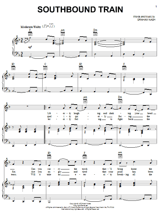 Download Crosby, Stills & Nash Southbound Train Sheet Music and learn how to play Piano, Vocal & Guitar (Right-Hand Melody) PDF digital score in minutes