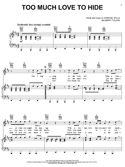 Download Crosby, Stills & Nash Too Much Love To Hide Sheet Music and learn how to play Piano, Vocal & Guitar (Right-Hand Melody) PDF digital score in minutes