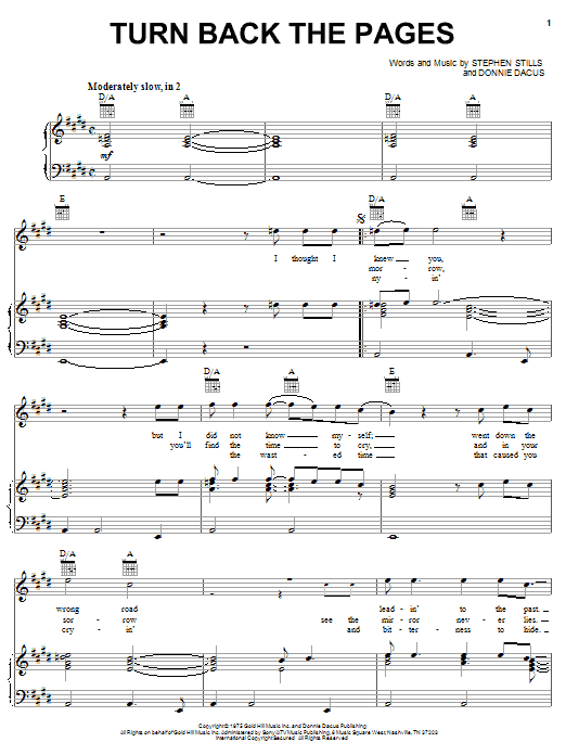 Download Crosby, Stills & Nash Turn Back The Pages Sheet Music and learn how to play Piano, Vocal & Guitar (Right-Hand Melody) PDF digital score in minutes