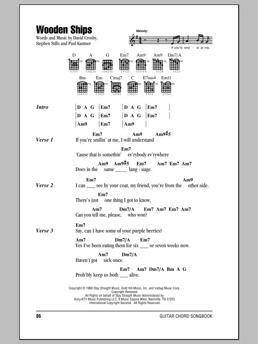 Download Crosby, Stills & Nash Wooden Ships Sheet Music and learn how to play Lyrics & Chords PDF digital score in minutes