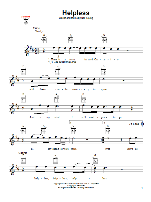Download Crosby, Stills, Nash & Young Helpless Sheet Music and learn how to play Ukulele PDF digital score in minutes