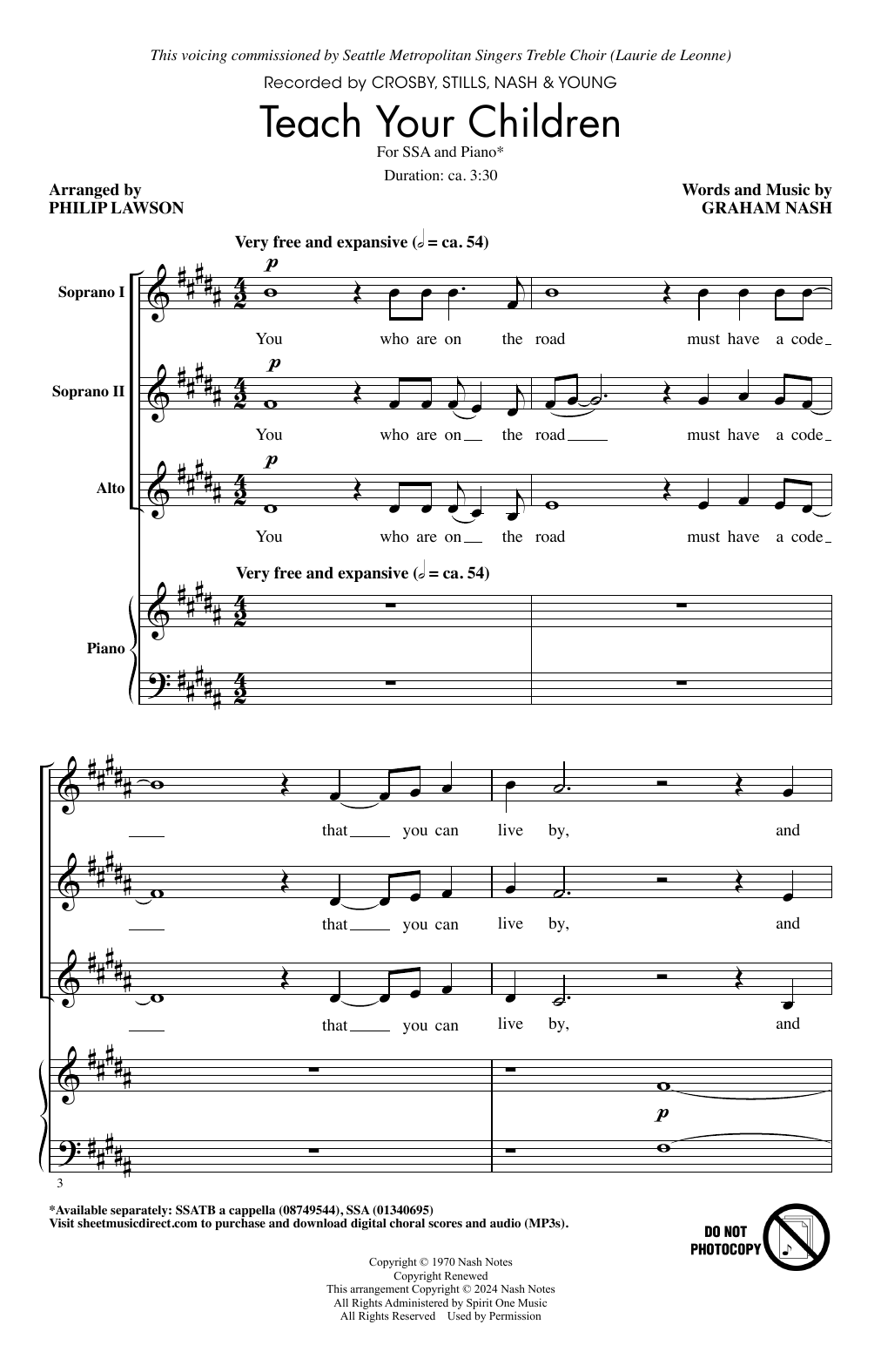 Download Crosby, Stills, Nash & Young Teach Your Children (arr. Philip Lawson) Sheet Music and learn how to play SSA Choir PDF digital score in minutes