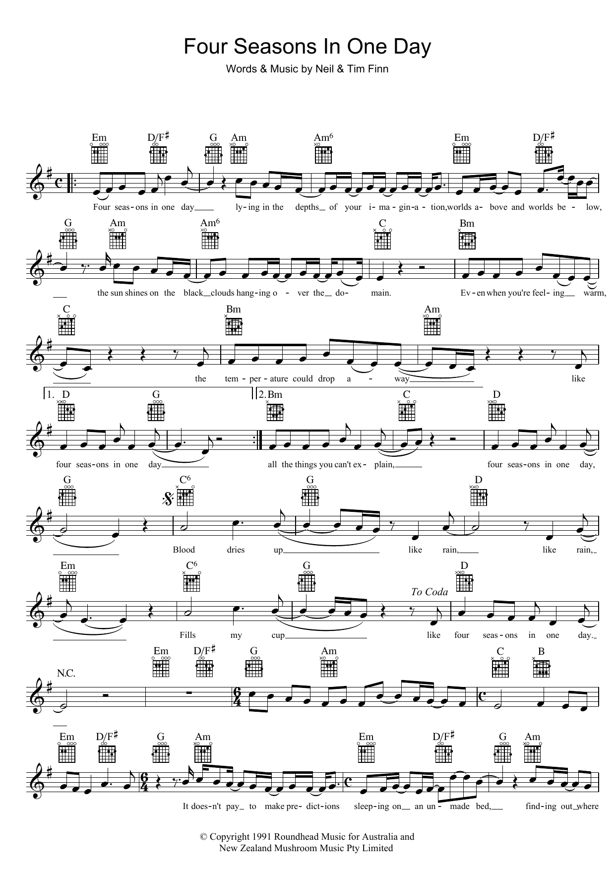 Download Crowded House Four Seasons In One Day Sheet Music and learn how to play Melody Line, Lyrics & Chords PDF digital score in minutes