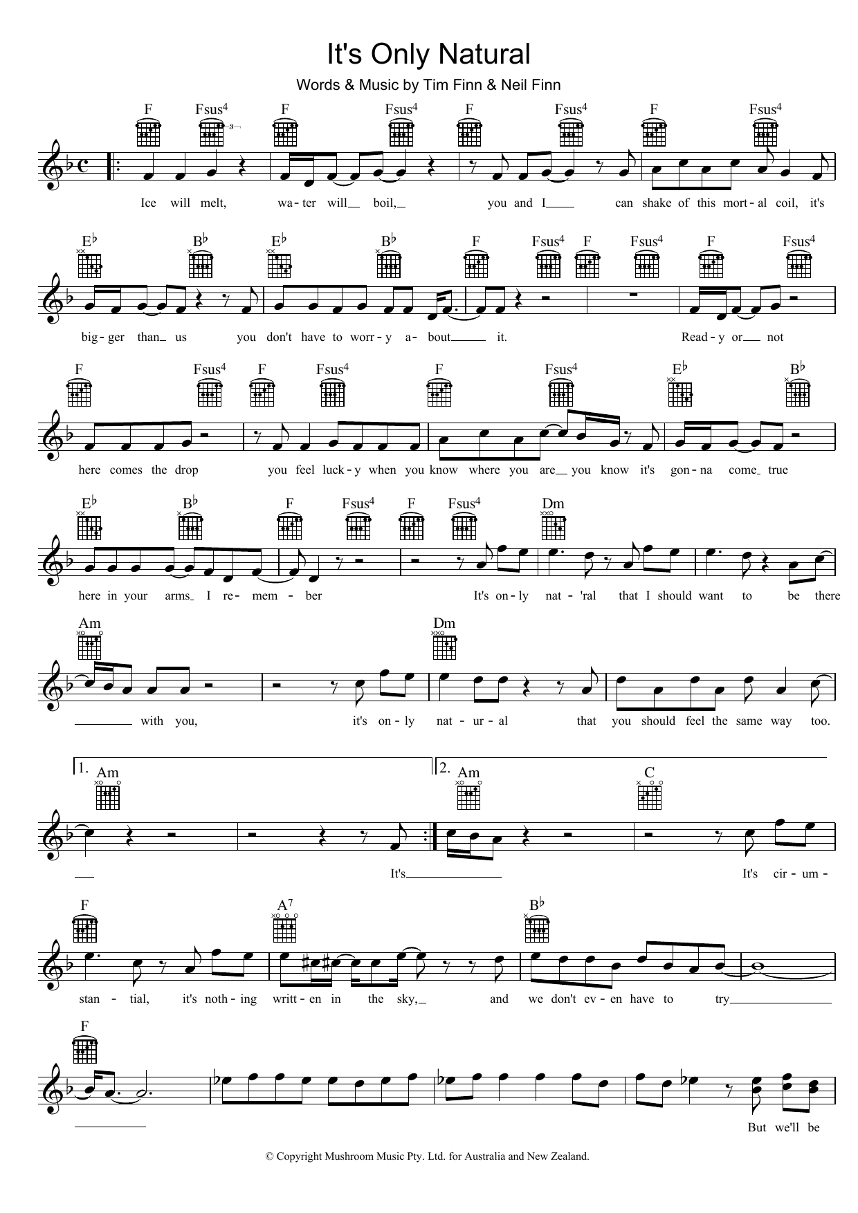 Download Crowded House It's Only Natural Sheet Music and learn how to play Melody Line, Lyrics & Chords PDF digital score in minutes