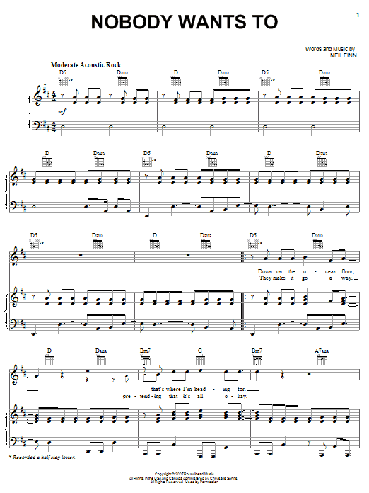 Download Crowded House Nobody Wants To Sheet Music and learn how to play Piano, Vocal & Guitar (Right-Hand Melody) PDF digital score in minutes