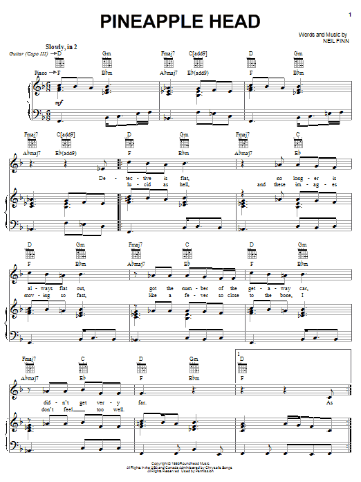 Download Crowded House Pineapple Head Sheet Music and learn how to play Piano, Vocal & Guitar (Right-Hand Melody) PDF digital score in minutes