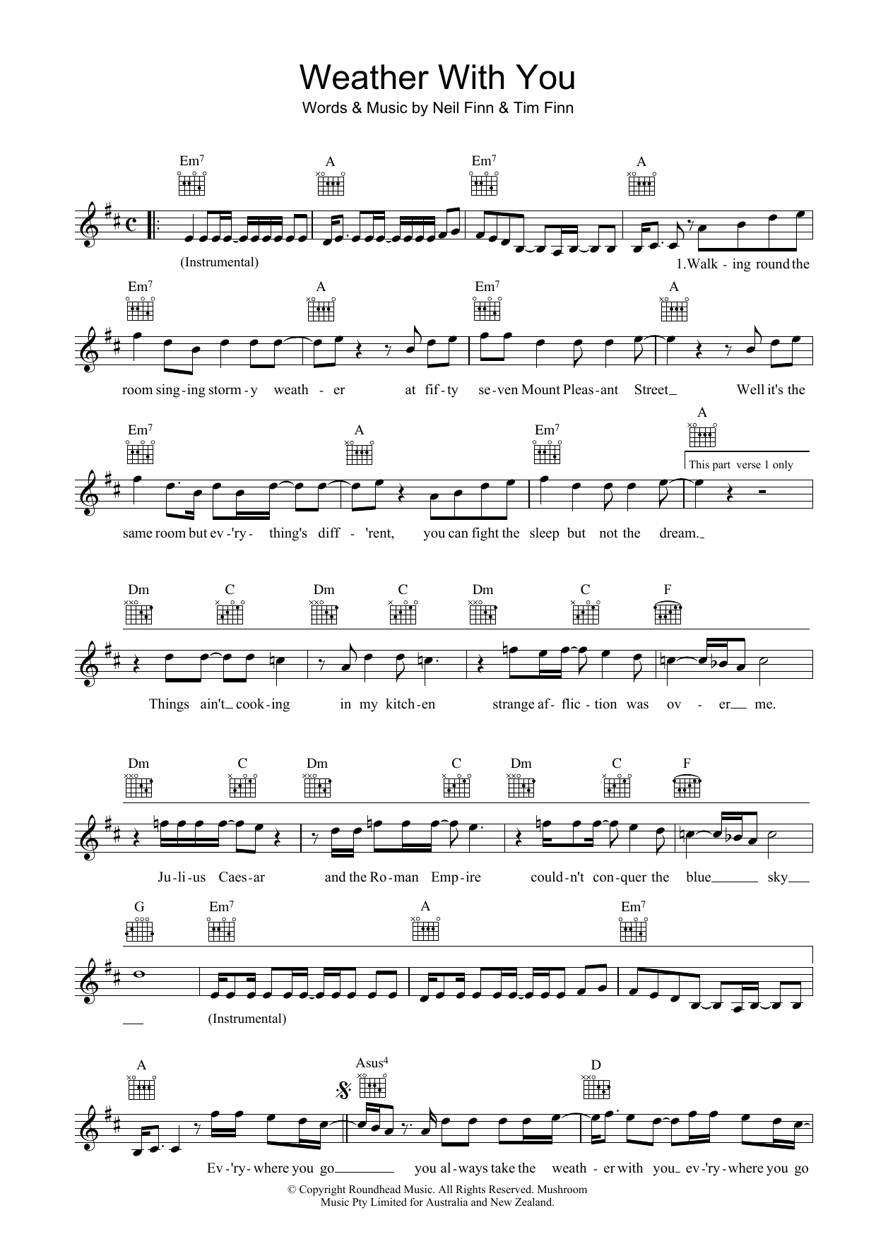Download Crowded House Weather With You Sheet Music and learn how to play Lyrics & Chords PDF digital score in minutes