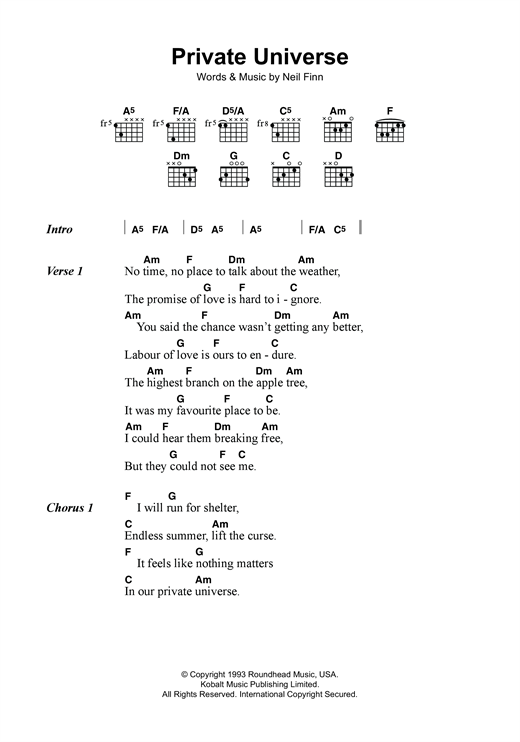 Download Crowded House Private Universe Sheet Music and learn how to play Lyrics & Chords PDF digital score in minutes