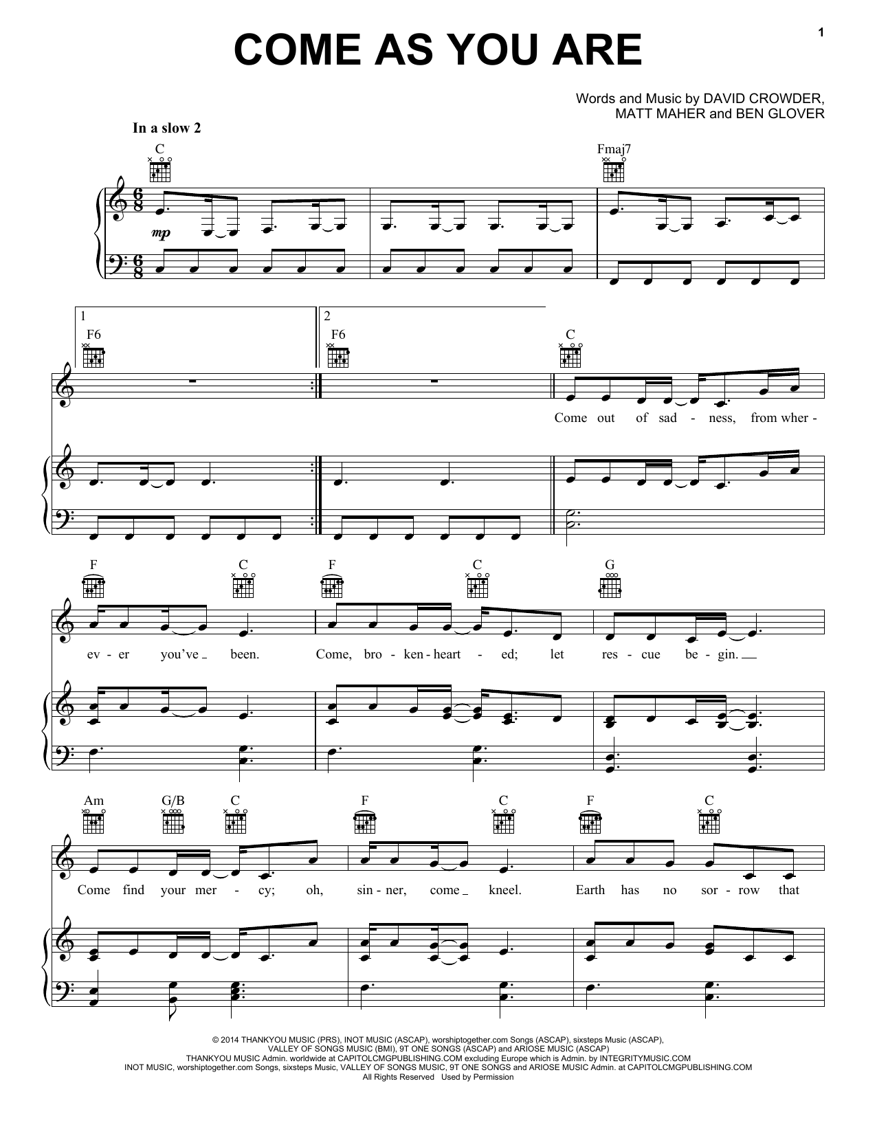 Download Crowder Come As You Are Sheet Music and learn how to play Lead Sheet / Fake Book PDF digital score in minutes