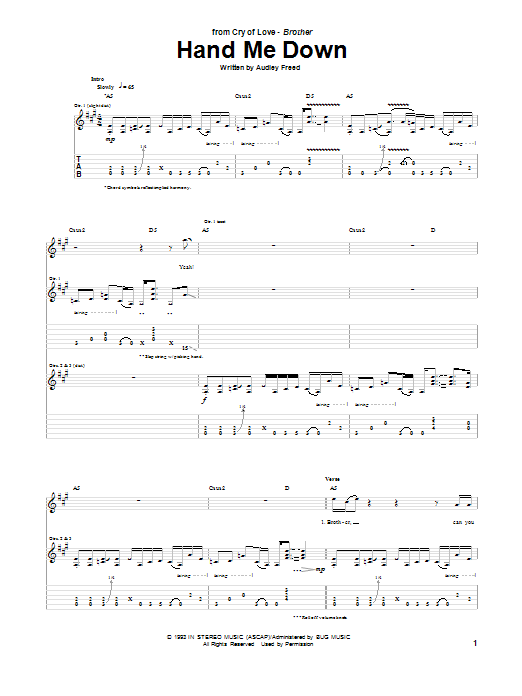 Download Cry Of Love Hand Me Down Sheet Music and learn how to play Guitar Tab PDF digital score in minutes