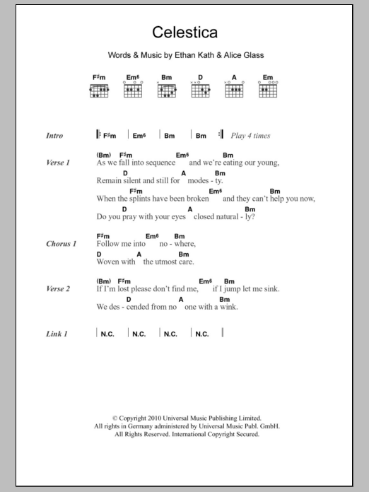 Download Crystal Castles Celestica Sheet Music and learn how to play Lyrics & Chords PDF digital score in minutes