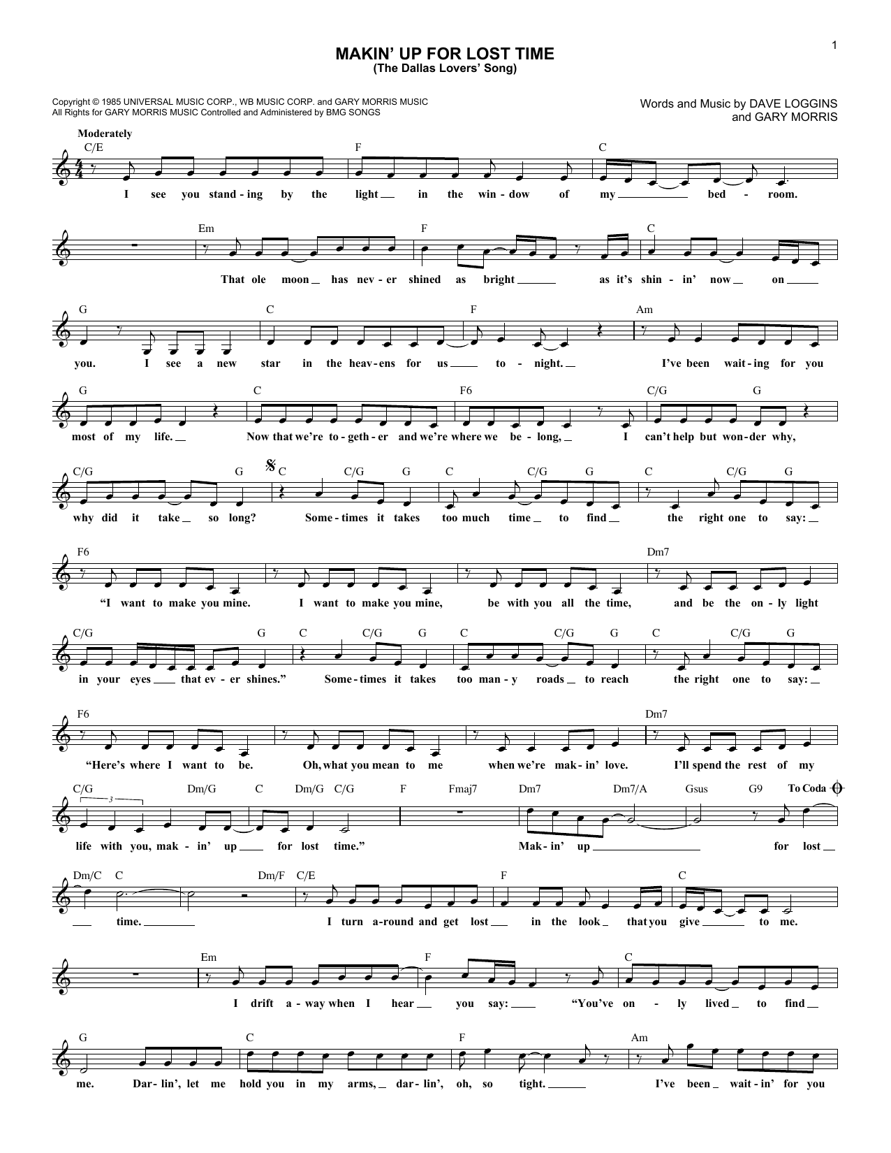 Download Crystal Gayle & Gary Morris Makin' Up For Lost Time (The Dallas Lovers' Song) Sheet Music and learn how to play Melody Line, Lyrics & Chords PDF digital score in minutes