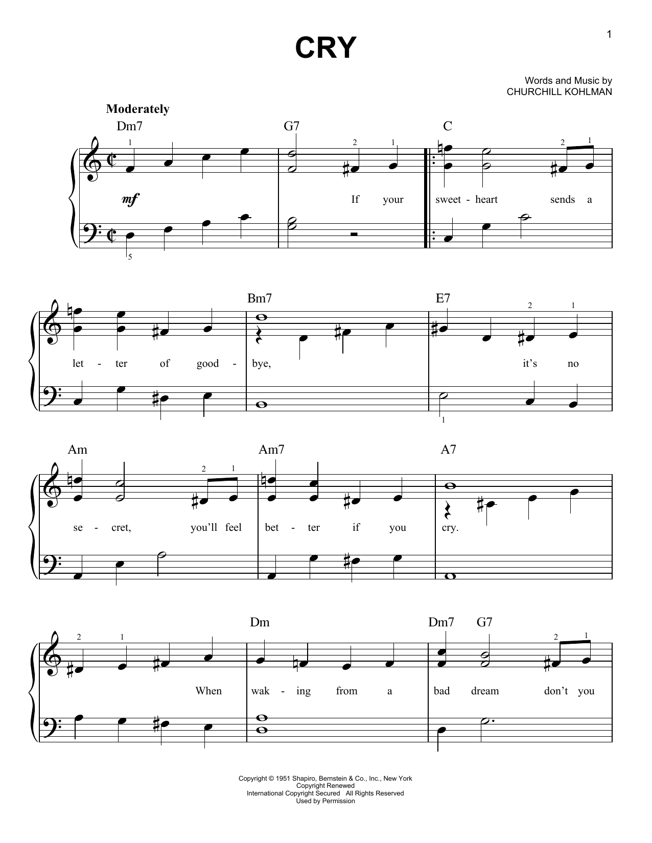 Download Crystal Gayle Cry Sheet Music and learn how to play Easy Piano PDF digital score in minutes