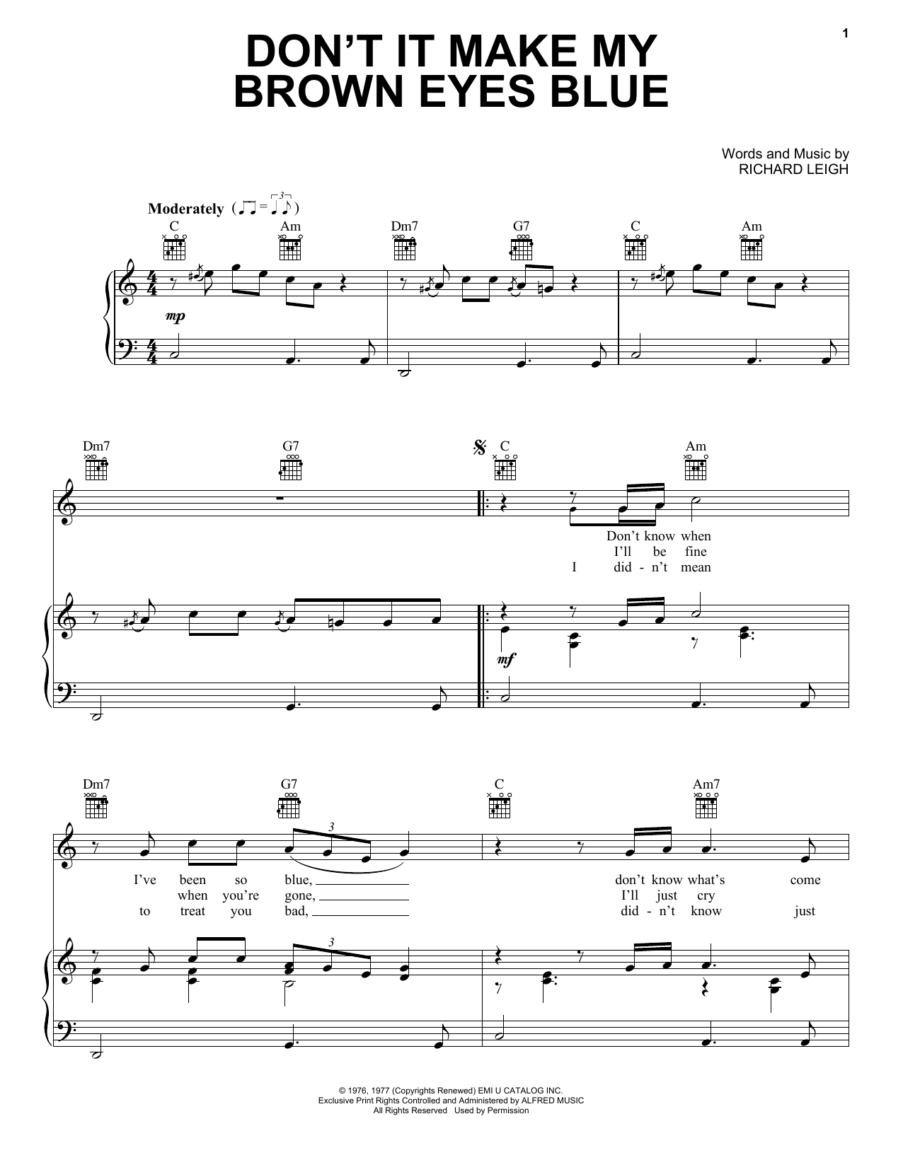 Download Crystal Gayle Don't It Make My Brown Eyes Blue Sheet Music and learn how to play Piano, Vocal & Guitar (Right-Hand Melody) PDF digital score in minutes