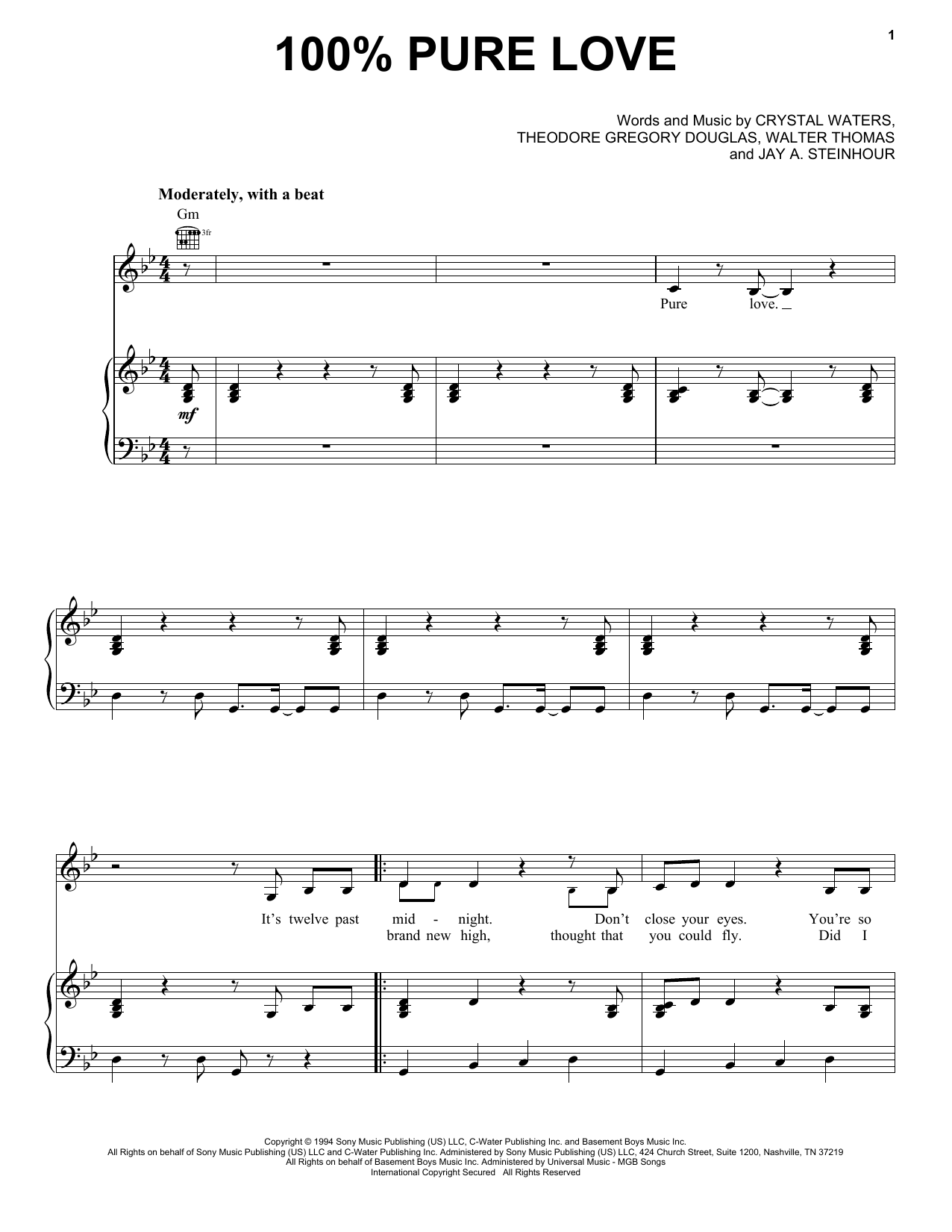 Download Crystal Waters 100% Pure Love Sheet Music and learn how to play Piano, Vocal & Guitar Chords (Right-Hand Melody) PDF digital score in minutes