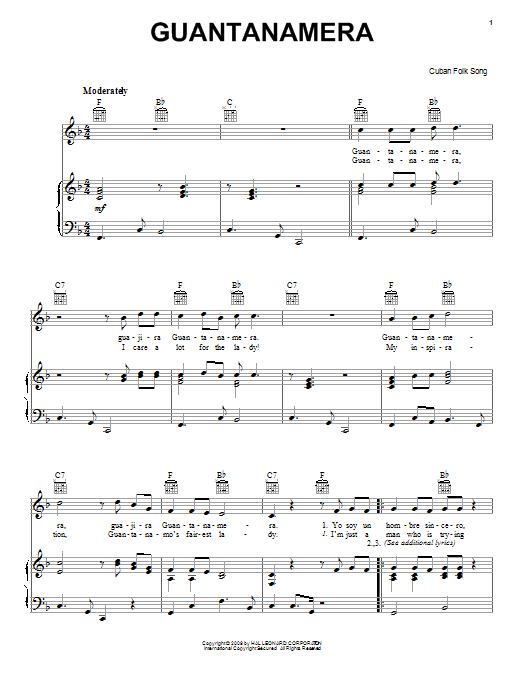 Download Cuban Folksong Guantanamera Sheet Music and learn how to play Piano, Vocal & Guitar (Right-Hand Melody) PDF digital score in minutes