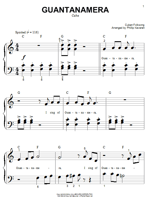 Download Cuban Folksong Guantanamera Sheet Music and learn how to play Piano (Big Notes) PDF digital score in minutes