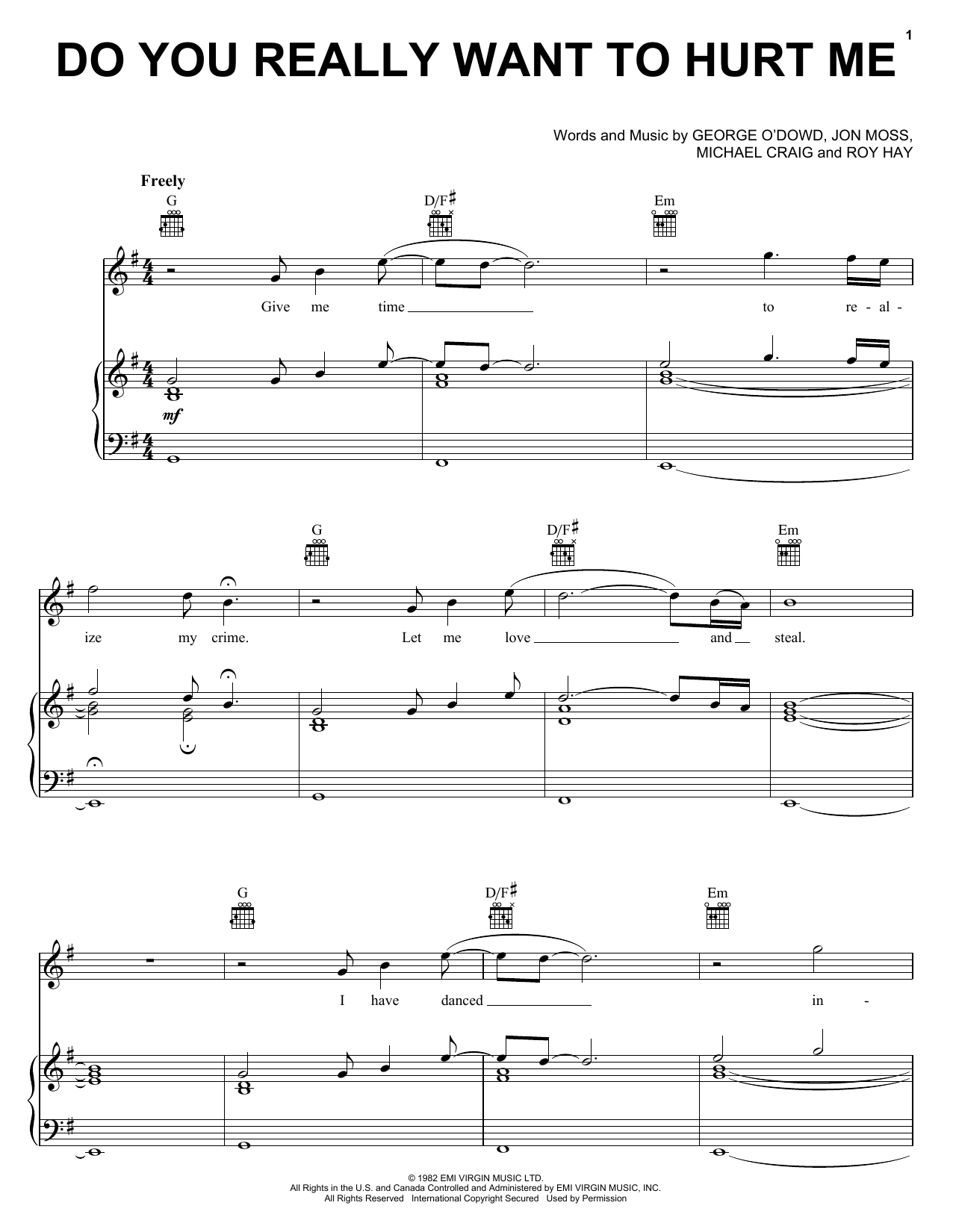 Download Culture Club Do You Really Want To Hurt Me Sheet Music and learn how to play Piano, Vocal & Guitar (Right-Hand Melody) PDF digital score in minutes