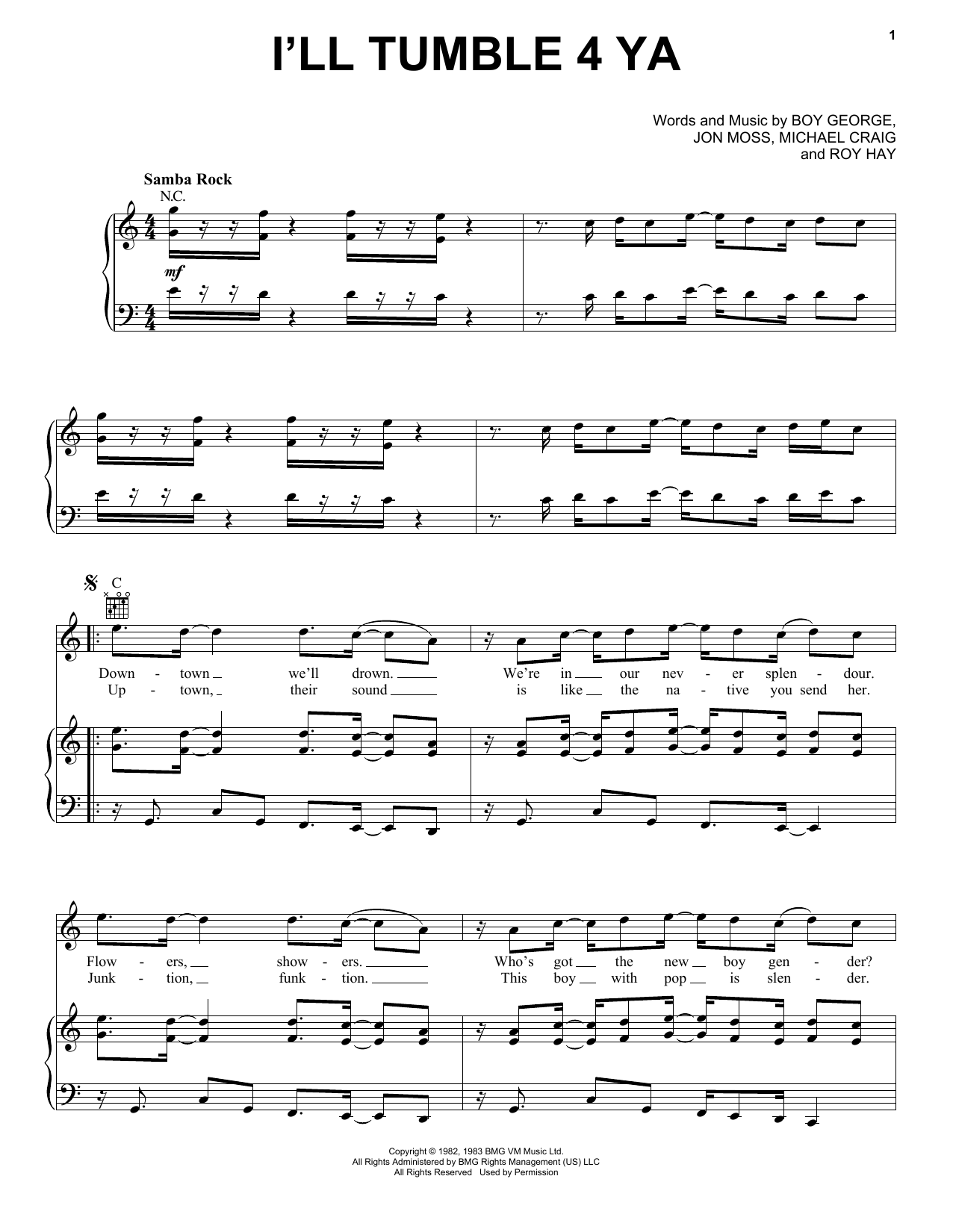 Download Culture Club I'll Tumble 4 Ya Sheet Music and learn how to play Piano, Vocal & Guitar (Right-Hand Melody) PDF digital score in minutes