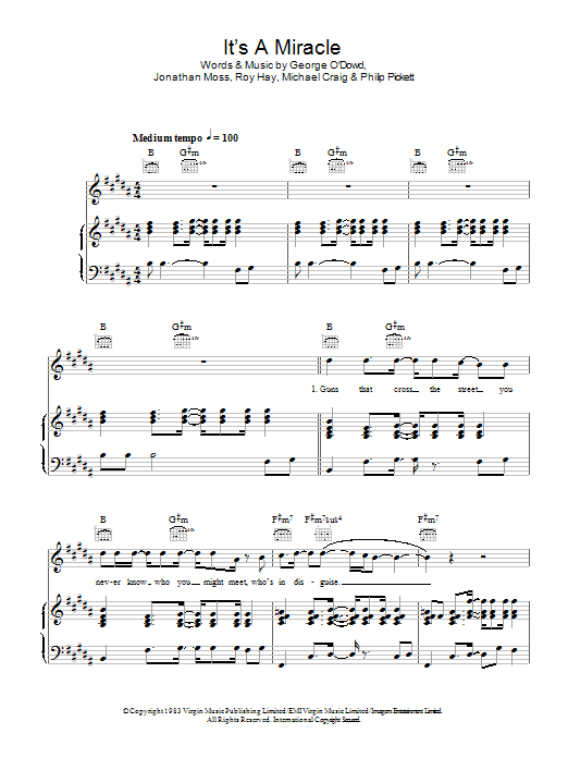 Download Culture Club It's A Miracle Sheet Music and learn how to play Piano, Vocal & Guitar PDF digital score in minutes