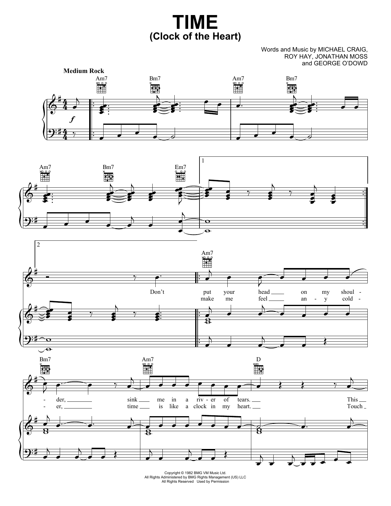 Download Culture Club Time (Clock Of The Heart) Sheet Music and learn how to play Piano, Vocal & Guitar (Right-Hand Melody) PDF digital score in minutes